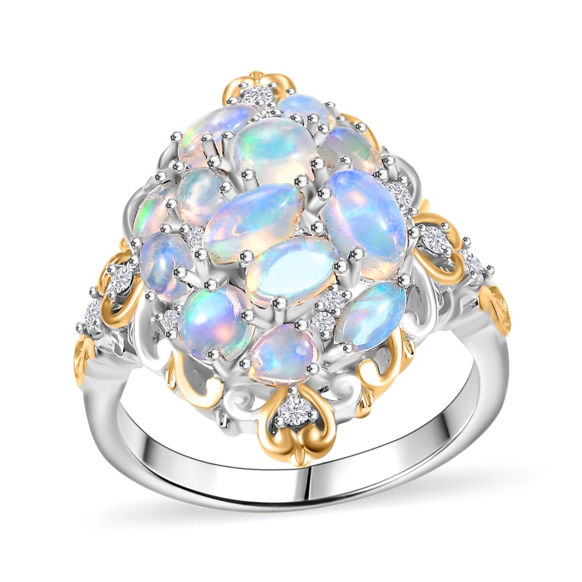 Ethiopian Welo Opal and White Zircon 2.25 ctw Cluster Filigree Ring in 18K Vermeil YG and Rhodium Over Sterling Silver (Size 10.0) image number 0