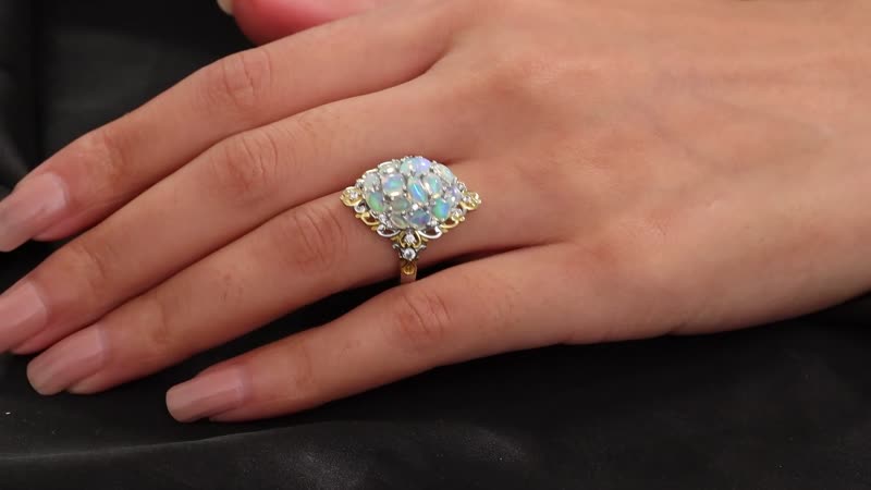 Ethiopian Welo Opal, White Zircon Ring in 18K Vermeil YG and Rhodium Over Sterling Silver (Size 10.0) 2.25 ctw