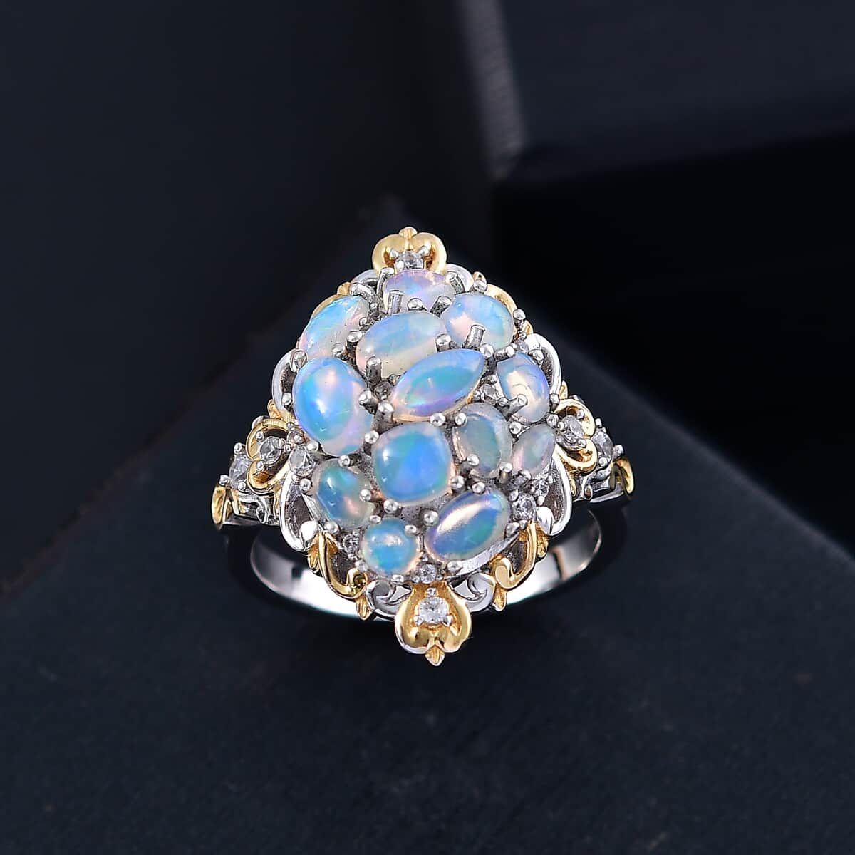 Ethiopian Welo Opal and White Zircon 2.25 ctw Cluster Filigree Ring in 18K Vermeil YG and Rhodium Over Sterling Silver (Size 10.0) image number 1