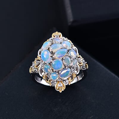 D'Joy Ethiopian Welo Opal and White Zircon 2.25 ctw Cluster Filigree Ring in 18K Vermeil YG and Rhodium Over Sterling Silver (Size 10.0)