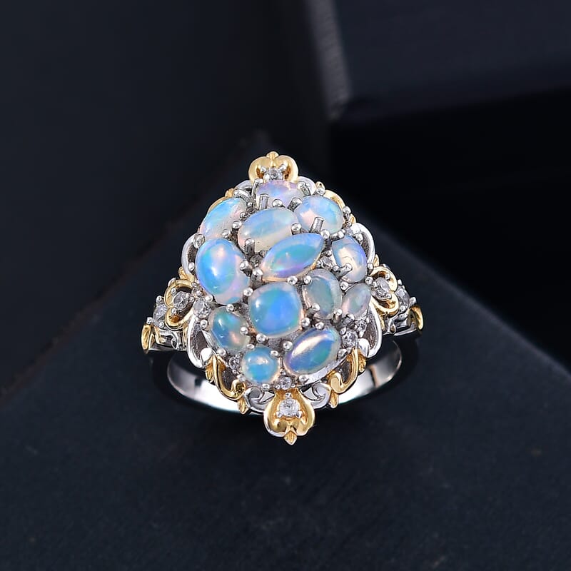 D'Joy Ethiopian Welo Opal and White Zircon 2.25 ctw Cluster Filigree Ring in 18K Vermeil YG and Rhodium Over Sterling Silver (Size 10.0)