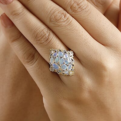 D'Joy Ethiopian Welo Opal and White Zircon 2.25 ctw Cluster Filigree Ring in 18K Vermeil YG and Rhodium Over Sterling Silver (Size 10.0)