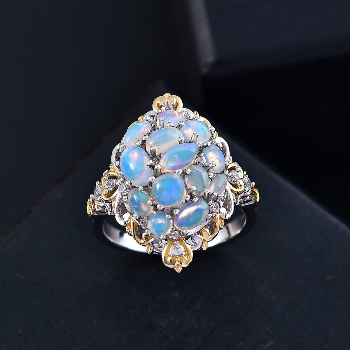 Ethiopian Welo Opal and White Zircon 2.25 ctw Cluster Filigree Ring in 18K Vermeil YG and Rhodium Over Sterling Silver (Size 5.0) image number 1