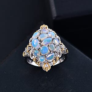 D'Joy Ethiopian Welo Opal and White Zircon 2.25 ctw Cluster Filigree Ring in 18K Vermeil YG and Rhodium Over Sterling Silver (Size 5.0)