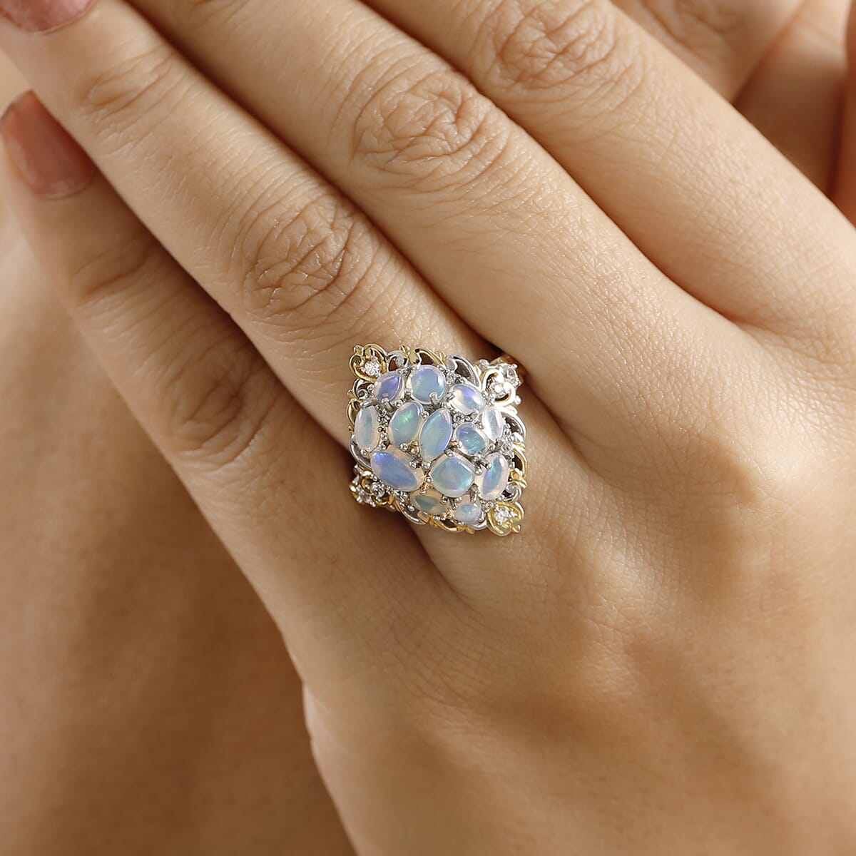 Ethiopian Welo Opal and White Zircon 2.25 ctw Cluster Filigree Ring in 18K Vermeil YG and Rhodium Over Sterling Silver (Size 5.0) image number 2