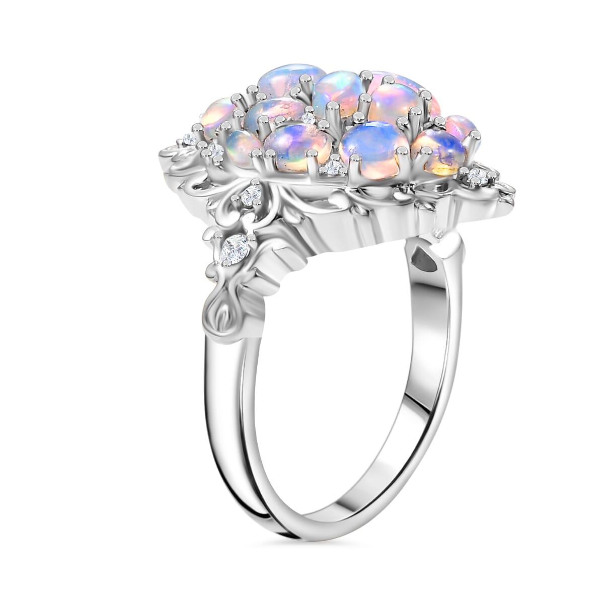 Ethiopian Welo Opal and White Zircon 2.25 ctw Cluster Filigree Ring in 18K Vermeil YG and Rhodium Over Sterling Silver (Size 5.0) image number 3