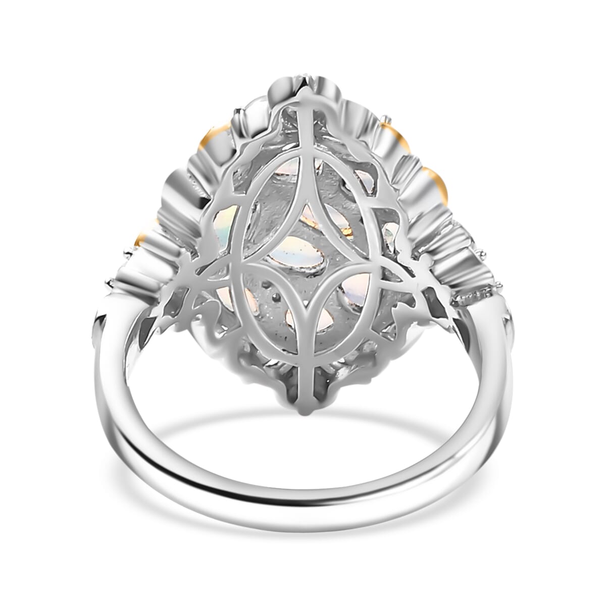 Ethiopian Welo Opal and White Zircon 2.25 ctw Cluster Filigree Ring in 18K Vermeil YG and Rhodium Over Sterling Silver (Size 5.0) image number 4