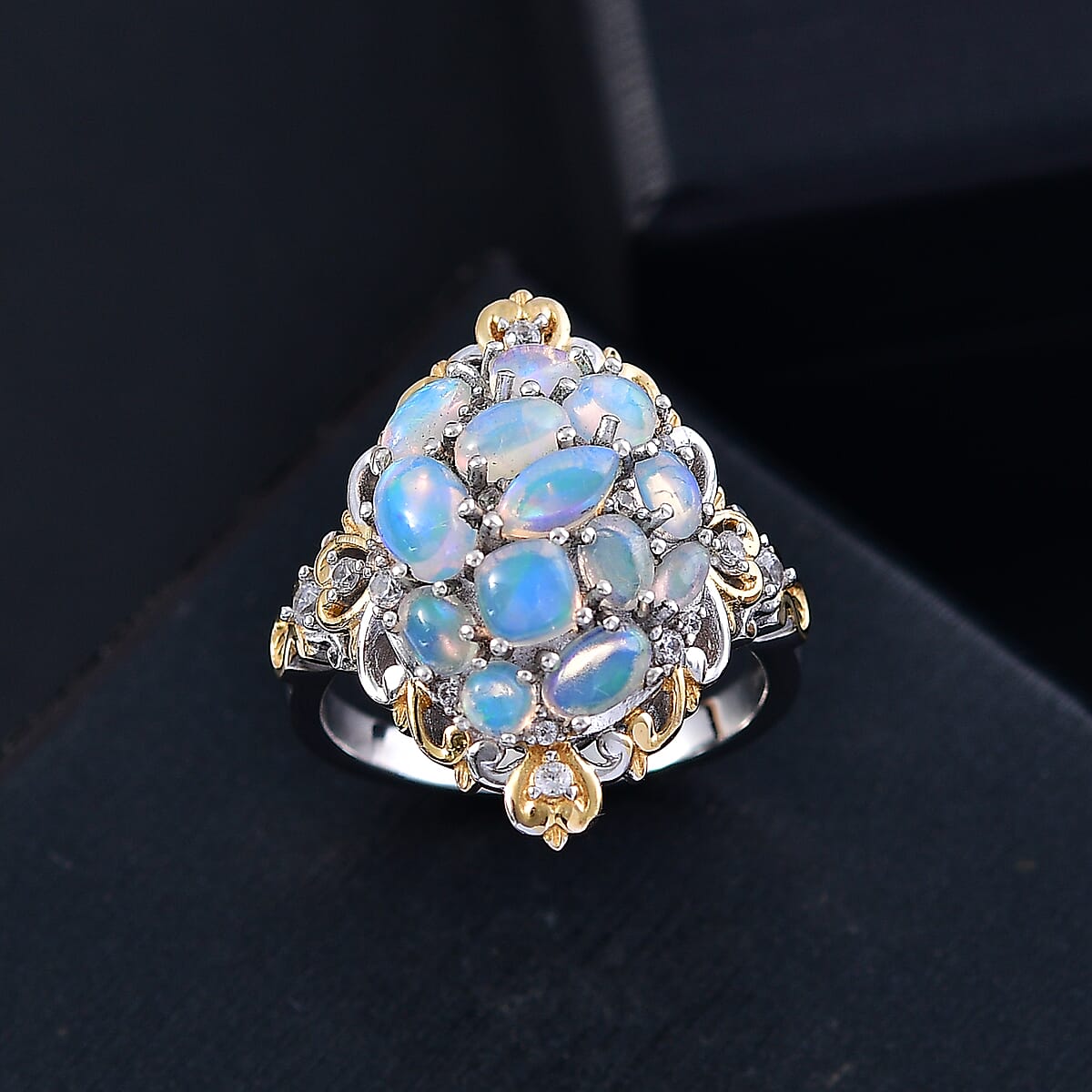 Ethiopian Welo Opal and White Zircon 2.25 ctw Cluster Filigree Ring in 18K Vermeil YG and Rhodium Over Sterling Silver (Size 7.0) image number 1