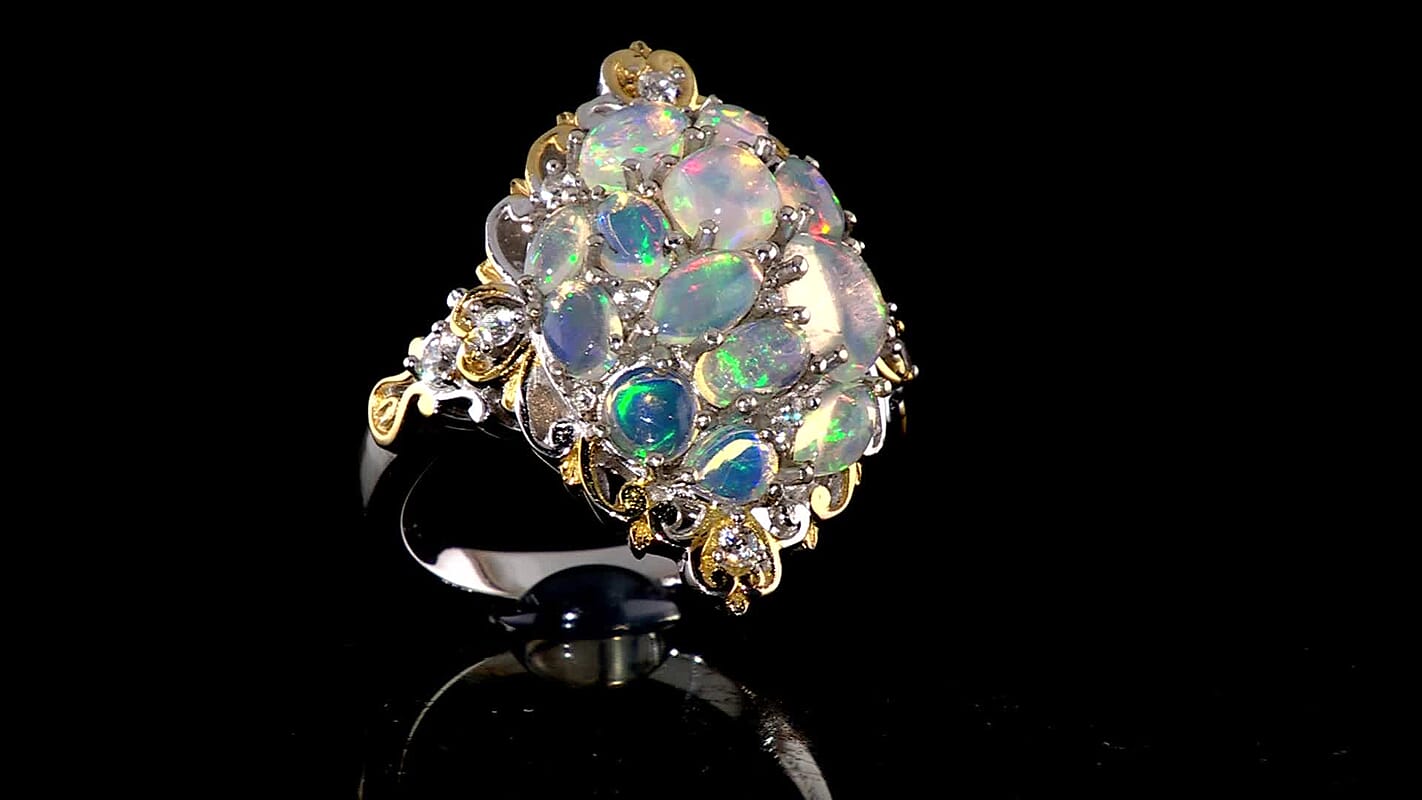 Ethiopian Welo Opal, White Zircon Ring in 18K Vermeil YG and Rhodium Over Sterling Silver (Size 10.0) 2.25 ctw