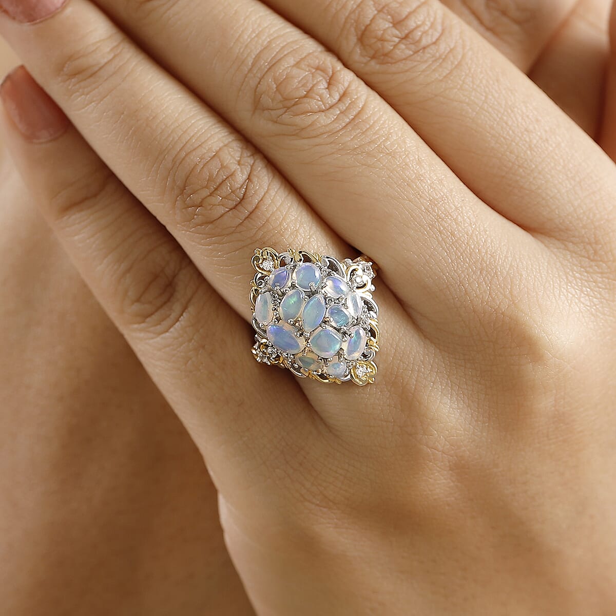 Ethiopian Welo Opal and White Zircon 2.25 ctw Cluster Filigree Ring in 18K Vermeil YG and Rhodium Over Sterling Silver (Size 7.0) image number 2