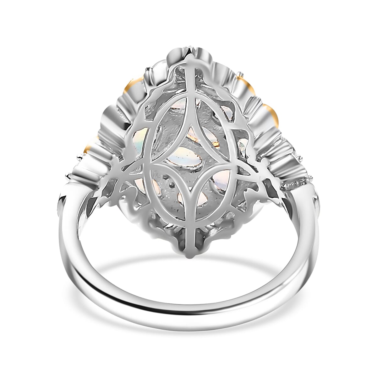 Ethiopian Welo Opal and White Zircon 2.25 ctw Cluster Filigree Ring in 18K Vermeil YG and Rhodium Over Sterling Silver (Size 7.0) image number 4
