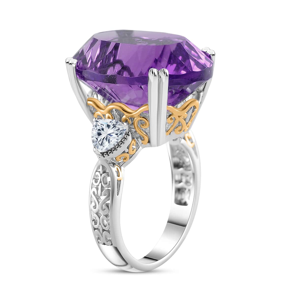 Concave Cut African Amethyst and White Topaz 21.90 ctw Majesty Ring in Vermeil Yellow Gold and Rhodium Over Sterling Silver (Size 10.0) image number 2