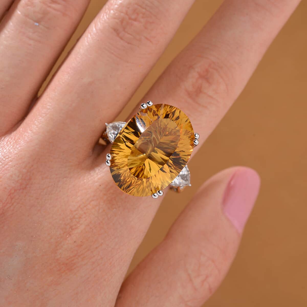 Concave Cut Santa Ana Madeira Citrine and White Topaz 21.25 ctw Majesty Ring in Vermeil Yellow Gold and Rhodium Over Sterling Silver (Size 10.0) image number 1