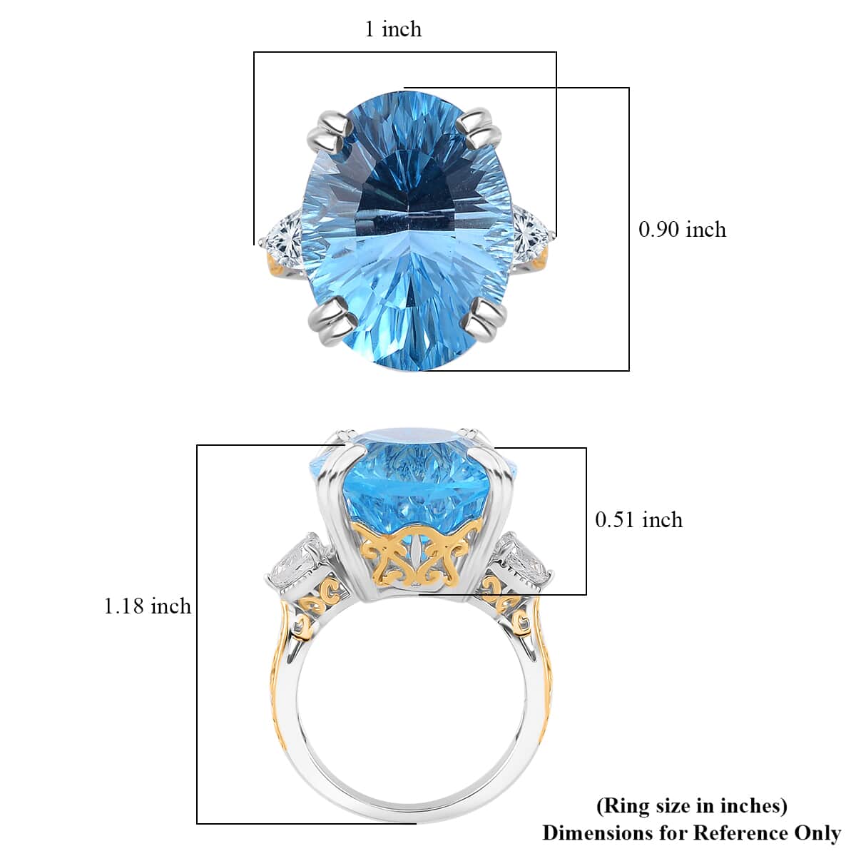 Concave Cut Sky Blue Topaz and White Topaz 21.75 ctw Majesty Ring in Vermeil Yellow Gold and Rhodium Over Sterling Silver (Size 10.0) image number 4