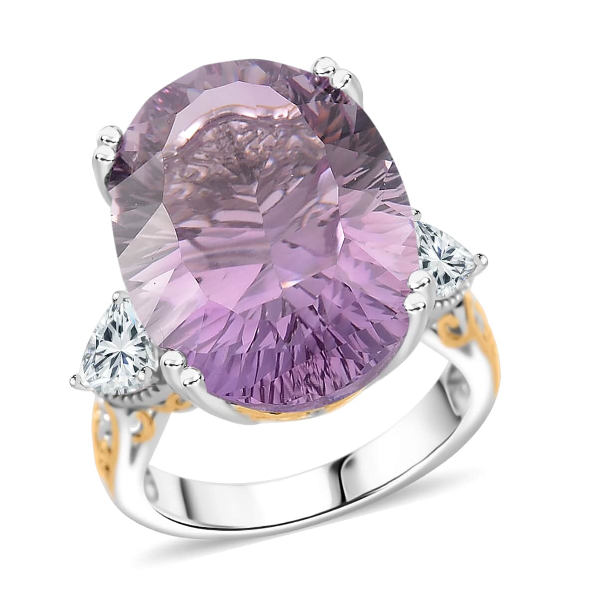 Concave Cut Rose De France Amethyst and White Topaz 21.80 ctw Majesty Ring in Vermeil Yellow Gold and Rhodium Over Sterling Silver (Size 10.0) image number 0