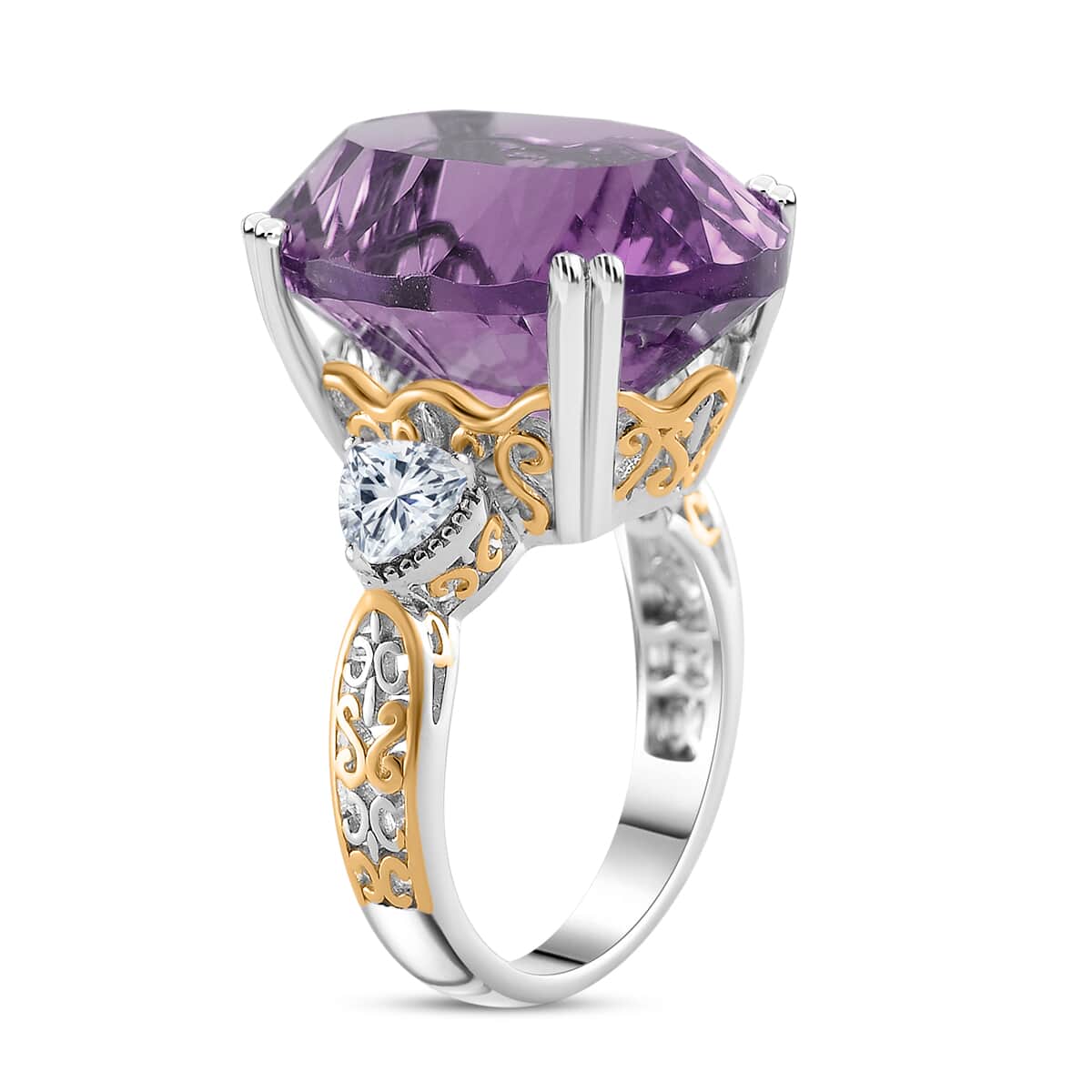 Concave Cut Rose De France Amethyst and White Topaz 21.80 ctw Majesty Ring in Vermeil Yellow Gold and Rhodium Over Sterling Silver (Size 10.0) image number 2