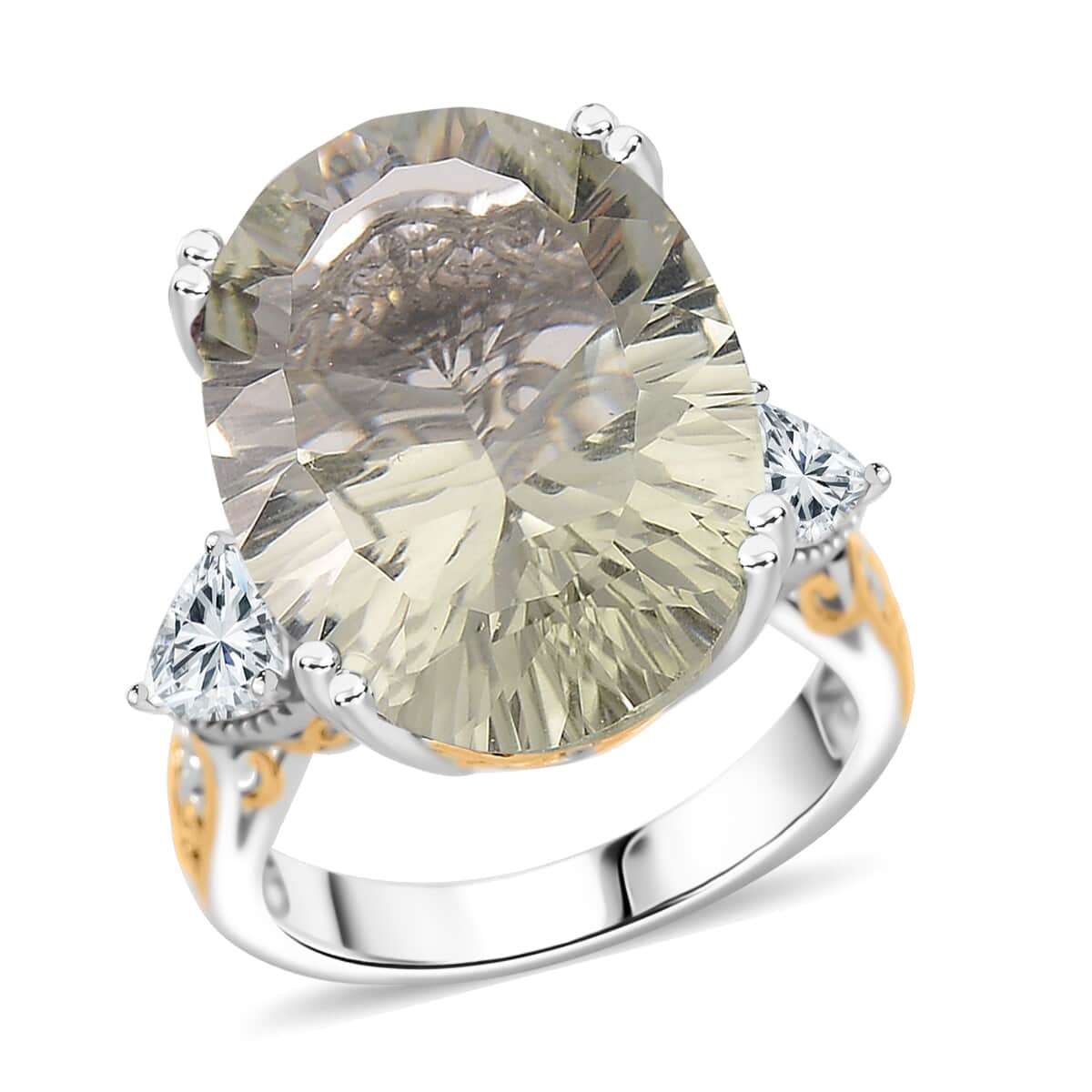 Concave Cut Montezuma Prasiolite and White Topaz 21.75 ctw Majesty Ring in Vermeil Yellow Gold and Rhodium Over Sterling Silver (Size 10.0) image number 0