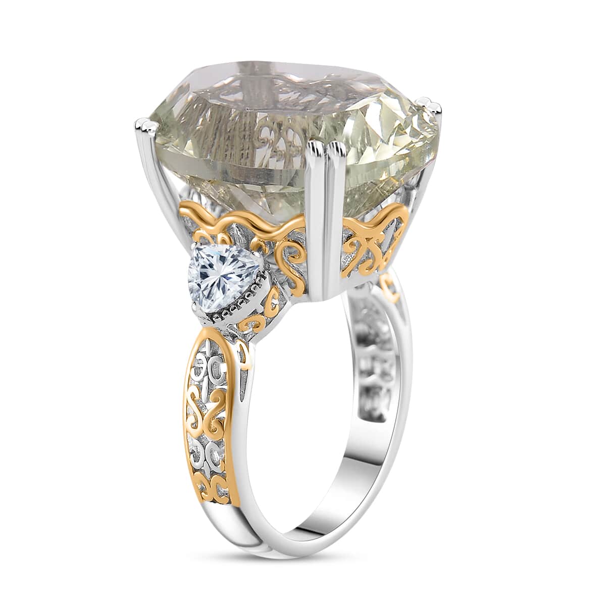 Concave Cut Montezuma Prasiolite and White Topaz 21.75 ctw Majesty Ring in Vermeil Yellow Gold and Rhodium Over Sterling Silver (Size 10.0) image number 2