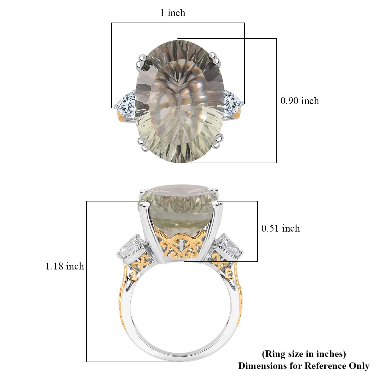 Concave Cut Montezuma Prasiolite and White Topaz 21.75 ctw Majesty Ring in Vermeil Yellow Gold and Rhodium Over Sterling Silver (Size 10.0) image number 4