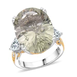 Concave Cut Montezuma Prasiolite and White Topaz 21.75 ctw Majesty Ring in Vermeil Yellow Gold and Rhodium Over Sterling Silver (Size 8.0)