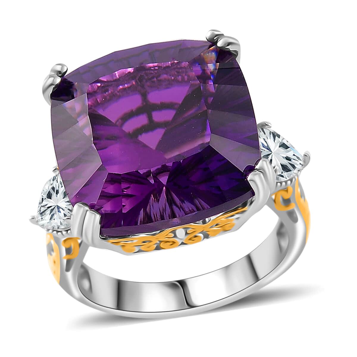 Concave Cut African Amethyst, White Topaz Majesty Ring in Vermeil YG and Rhodium Over Sterling Silver (Size 10.0) 21.60 ctw image number 0