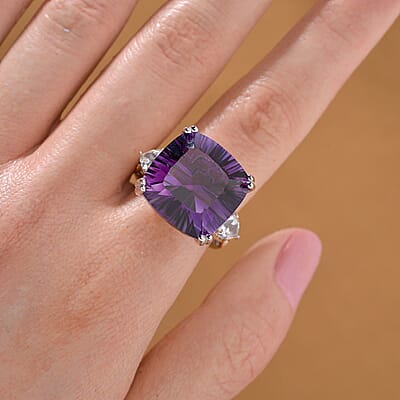 Concave Cut African Amethyst and White Topaz 21.60 ctw Majesty Ring in Vermeil Yellow Gold and Rhodium Over Sterling Silver (Size 10.0)
