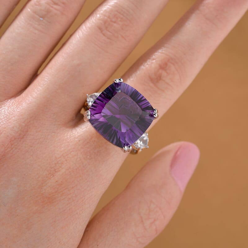 Concave Cut African Amethyst and White Topaz 21.60 ctw Majesty Ring in Vermeil Yellow Gold and Rhodium Over Sterling Silver (Size 10.0)