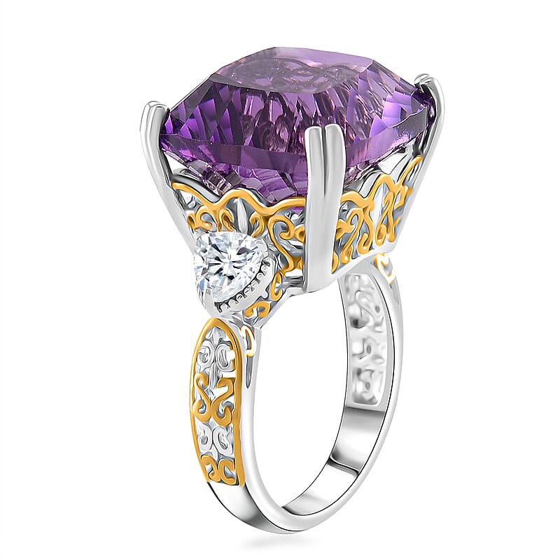 Concave Cut African Amethyst and White Topaz 21.60 ctw Majesty Ring in Vermeil Yellow Gold and Rhodium Over Sterling Silver (Size 10.0)