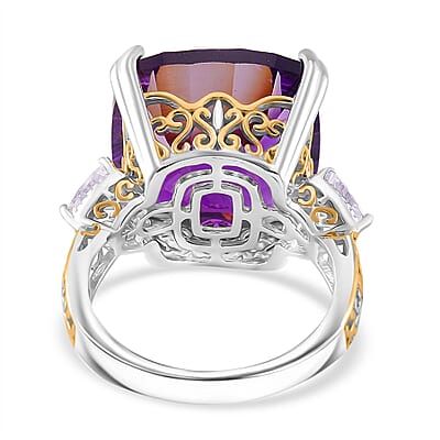 Concave Cut African Amethyst and White Topaz 21.60 ctw Majesty Ring in Vermeil Yellow Gold and Rhodium Over Sterling Silver (Size 10.0)