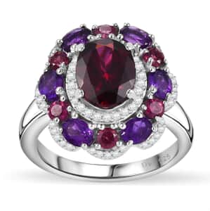 Premium Orissa Rhodolite Garnet and Multi Gemstone 4.00 ctw Twilight Bloom Ring in Rhodium Over Sterling Silver (Size 10.0)