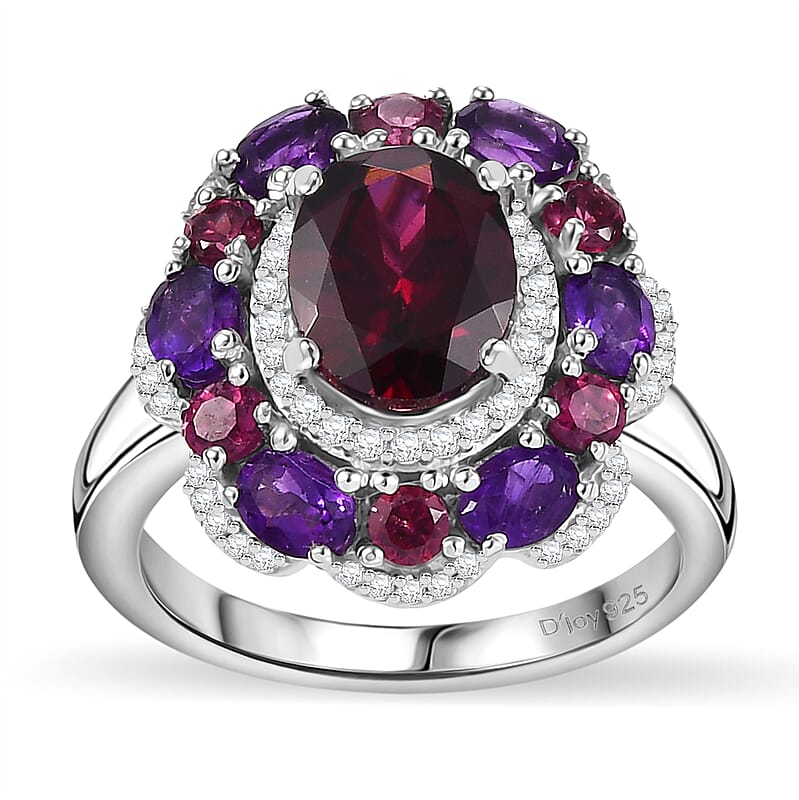D'Joy Premium Orissa Rhodolite Garnet and Multi Gemstone 4.00 ctw Twilight Bloom Ring in Rhodium Over Sterling Silver (Size 10.0)