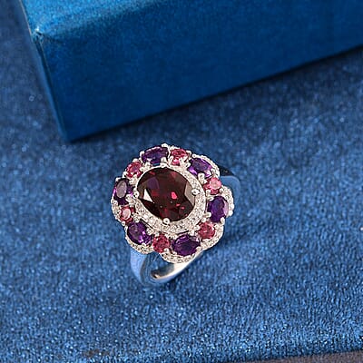 D'Joy Premium Orissa Rhodolite Garnet and Multi Gemstone 4.00 ctw Twilight Bloom Ring in Rhodium Over Sterling Silver (Size 10.0)