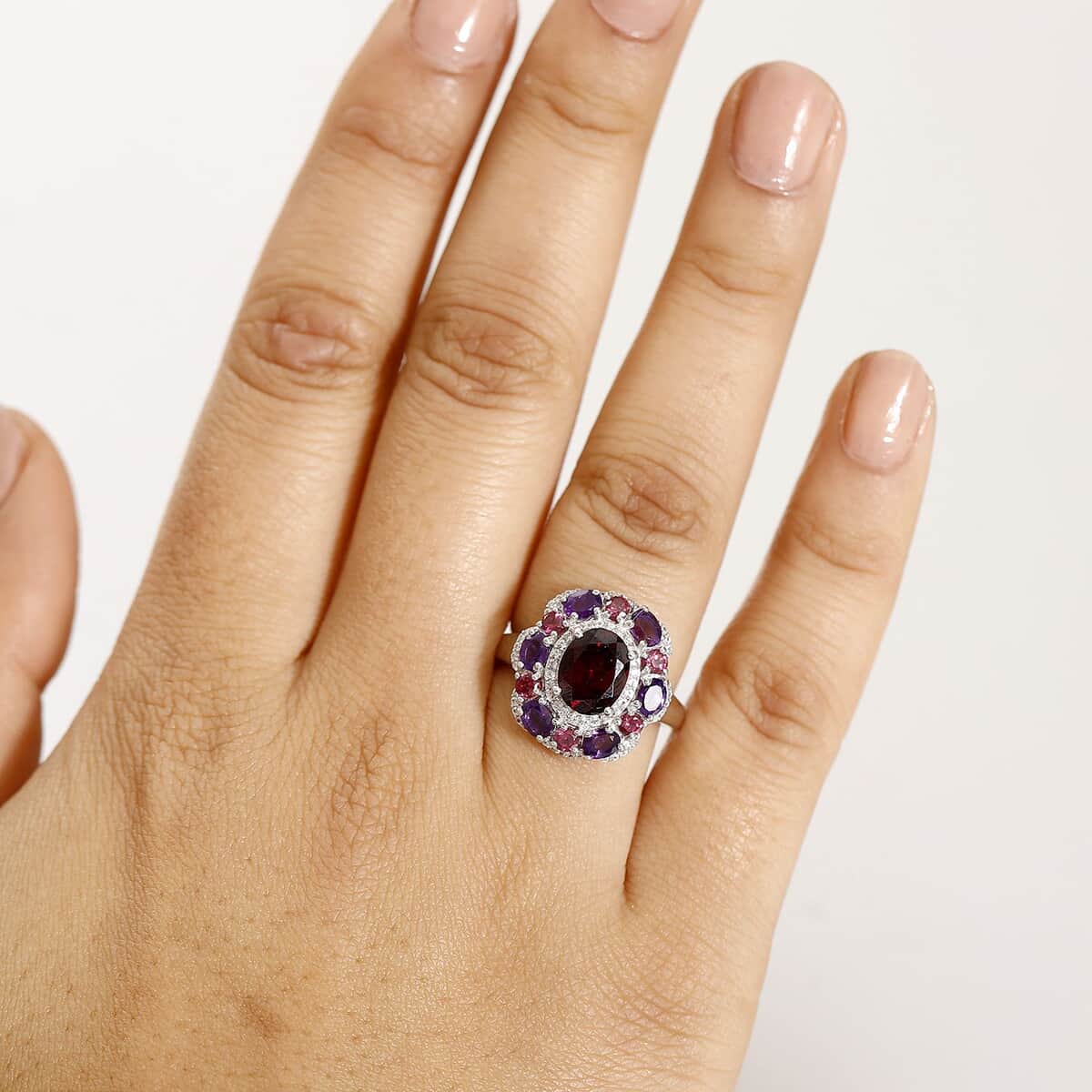 Premium Orissa Rhodolite Garnet and Multi Gemstone 4.00 ctw Twilight Bloom Ring in Rhodium Over Sterling Silver (Size 10.0) image number 2