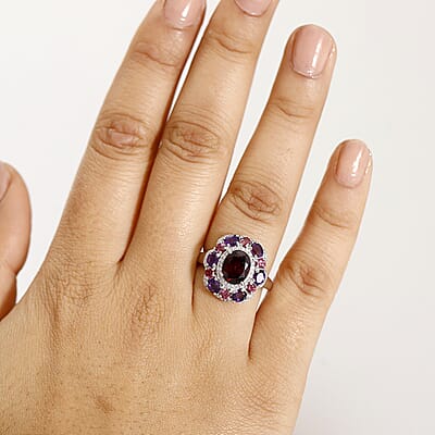 D'Joy Premium Orissa Rhodolite Garnet and Multi Gemstone 4.00 ctw Twilight Bloom Ring in Rhodium Over Sterling Silver (Size 10.0)