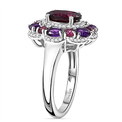 D'Joy Premium Orissa Rhodolite Garnet and Multi Gemstone 4.00 ctw Twilight Bloom Ring in Rhodium Over Sterling Silver (Size 10.0)