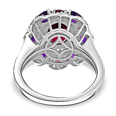 D'Joy Premium Orissa Rhodolite Garnet and Multi Gemstone 4.00 ctw Twilight Bloom Ring in Rhodium Over Sterling Silver (Size 10.0)