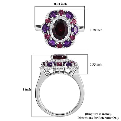 D'Joy Premium Orissa Rhodolite Garnet and Multi Gemstone 4.00 ctw Twilight Bloom Ring in Rhodium Over Sterling Silver (Size 10.0)