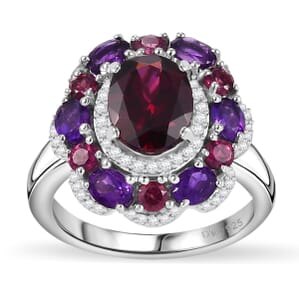 Premium Orissa Rhodolite Garnet and Multi Gemstone 4.00 ctw Twilight Bloom Ring in Rhodium Over Sterling Silver (Size 9.0)