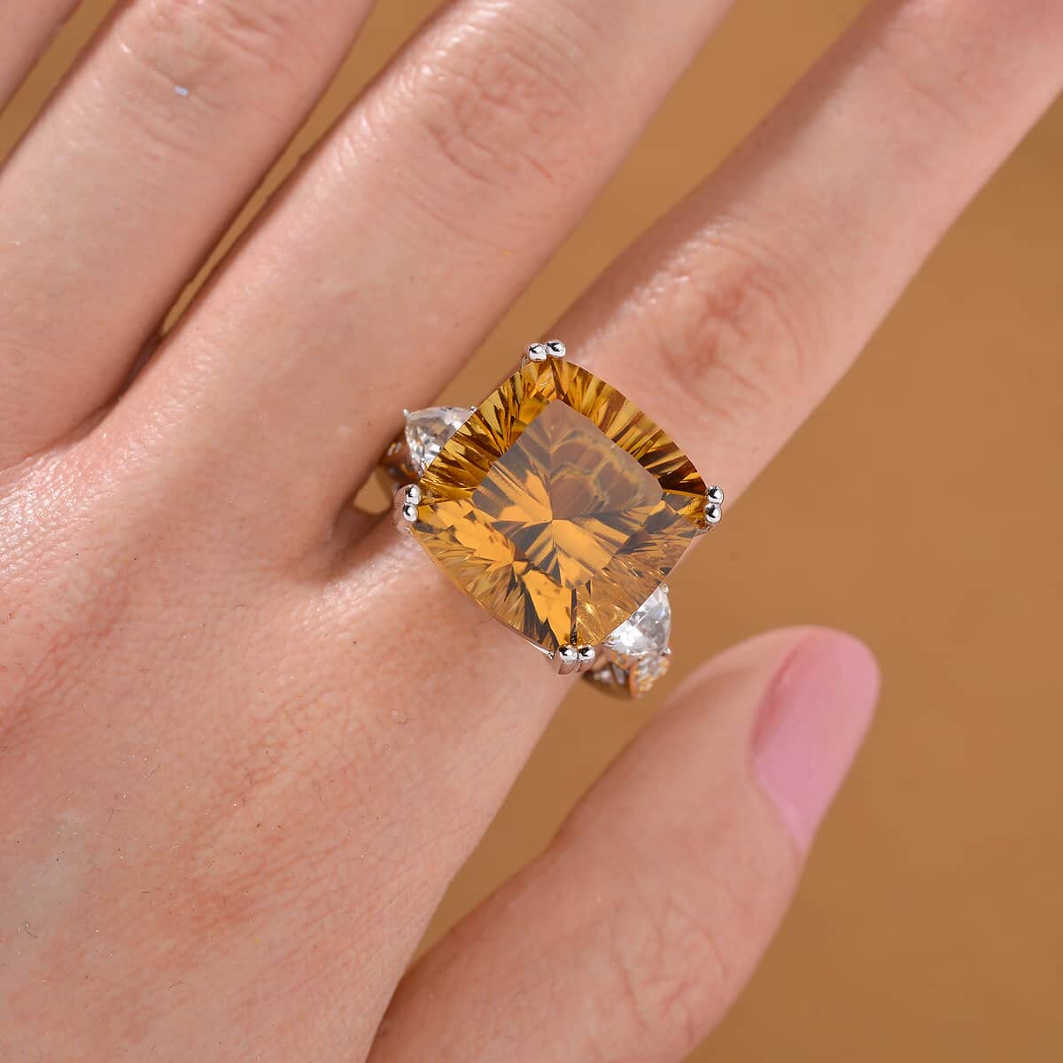 Concave Cut Santa Ana Madeira Citrine and White Topaz 20.40 ctw Majesty Ring in Vermeil Yellow Gold and Rhodium Over Sterling Silver (Size 6.0) image number 1