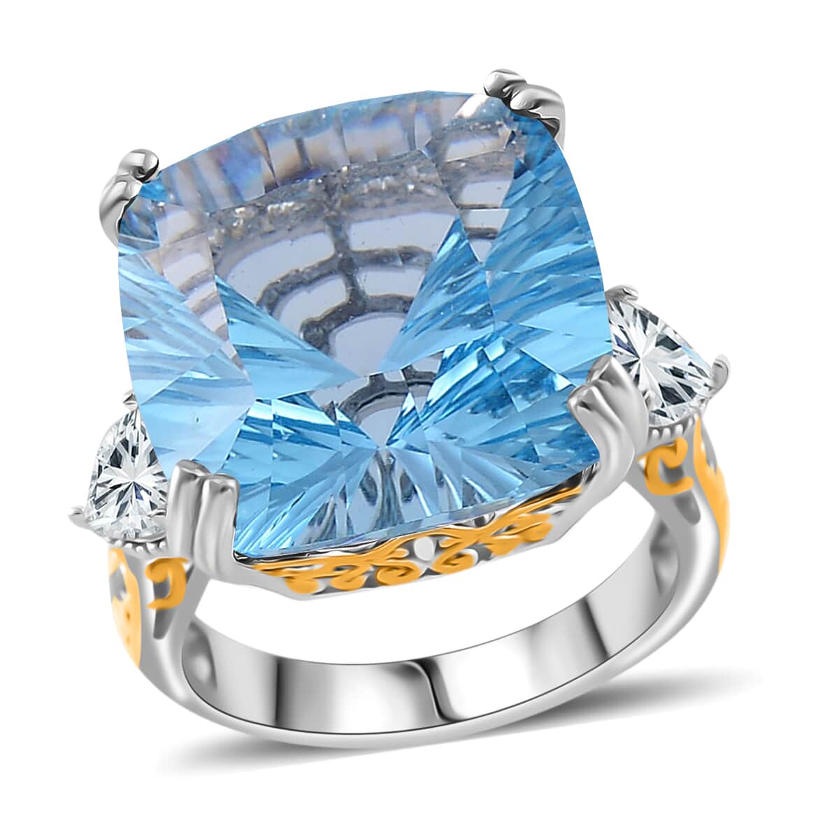 Concave Cut Sky Blue Topaz and White Topaz 21.85 ctw Majesty Ring in Vermeil Yellow Gold and Rhodium Over Sterling Silver (Size 10.0) image number 0