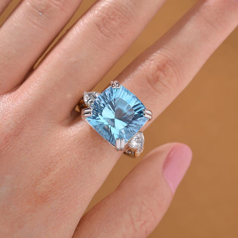 Concave Cut Sky Blue Topaz and White Topaz 21.85 ctw Majesty Ring in Vermeil Yellow Gold and Rhodium Over Sterling Silver (Size 6.0)