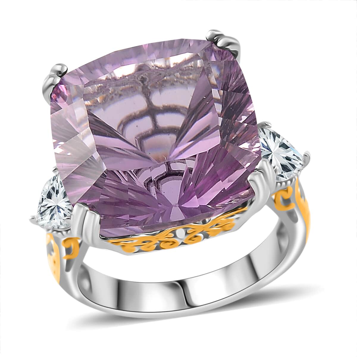 Concave Cut Rose De France Amethyst and White Topaz 21.35 ctw Majesty Ring in Vermeil YG and Rhodium Over Sterling Silver (Size 6.0) image number 0