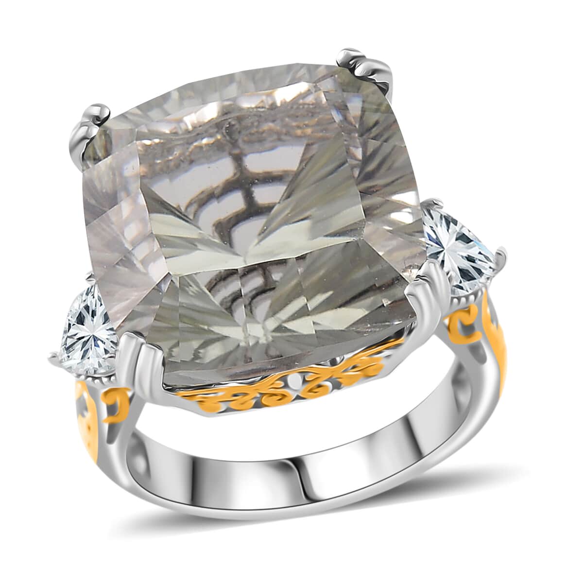 Concave Cut Montezuma Prasiolite and White Topaz 21.35 ctw Majesty Ring in Vermeil Yellow Gold and Rhodium Over Sterling Silver (Size 10.0) image number 0