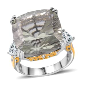 Concave Cut Montezuma Prasiolite and White Topaz 21.35 ctw Majesty Ring in Vermeil Yellow Gold and Rhodium Over Sterling Silver (Size 10.0)