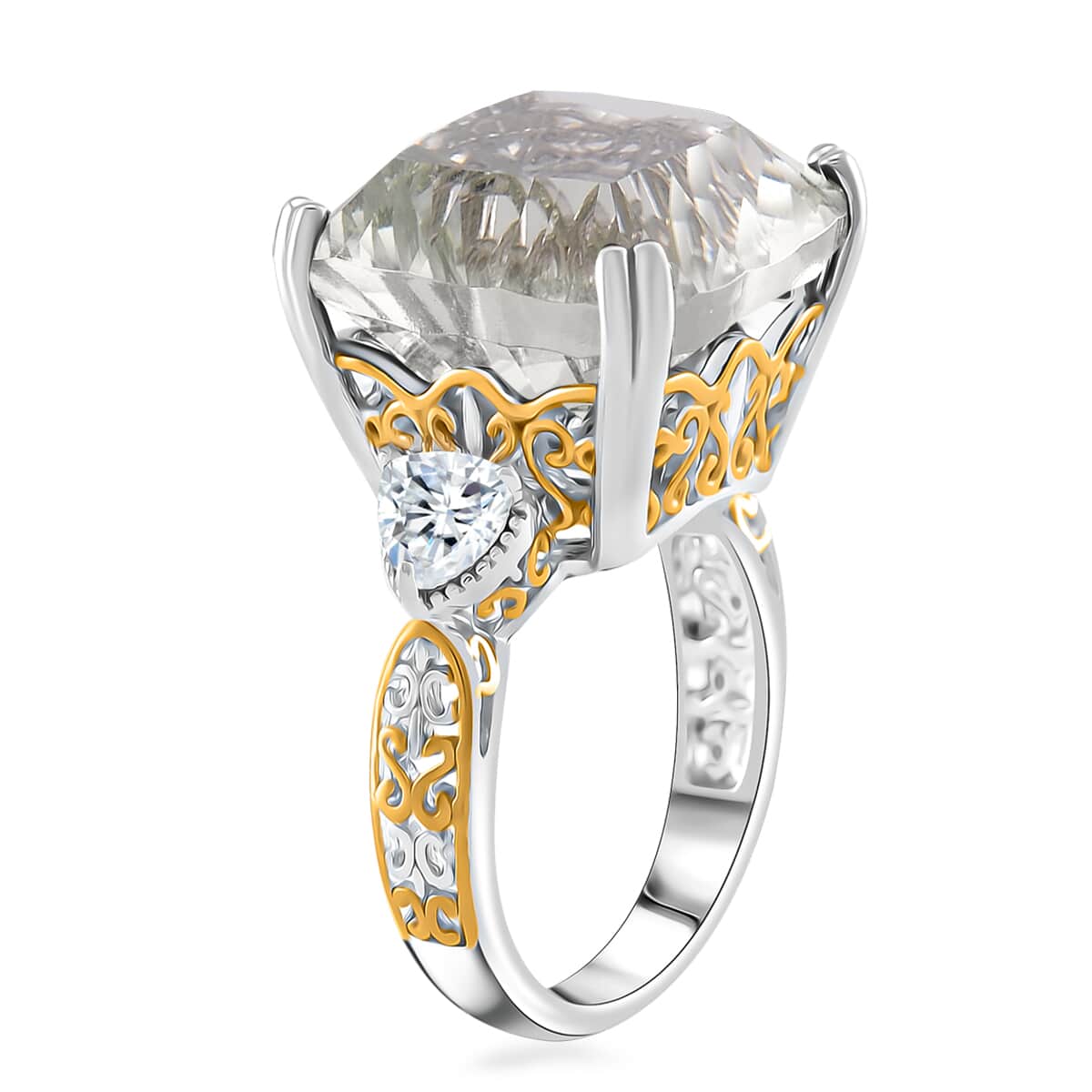 Concave Cut Montezuma Prasiolite and White Topaz 21.35 ctw Majesty Ring in Vermeil Yellow Gold and Rhodium Over Sterling Silver (Size 10.0) image number 2