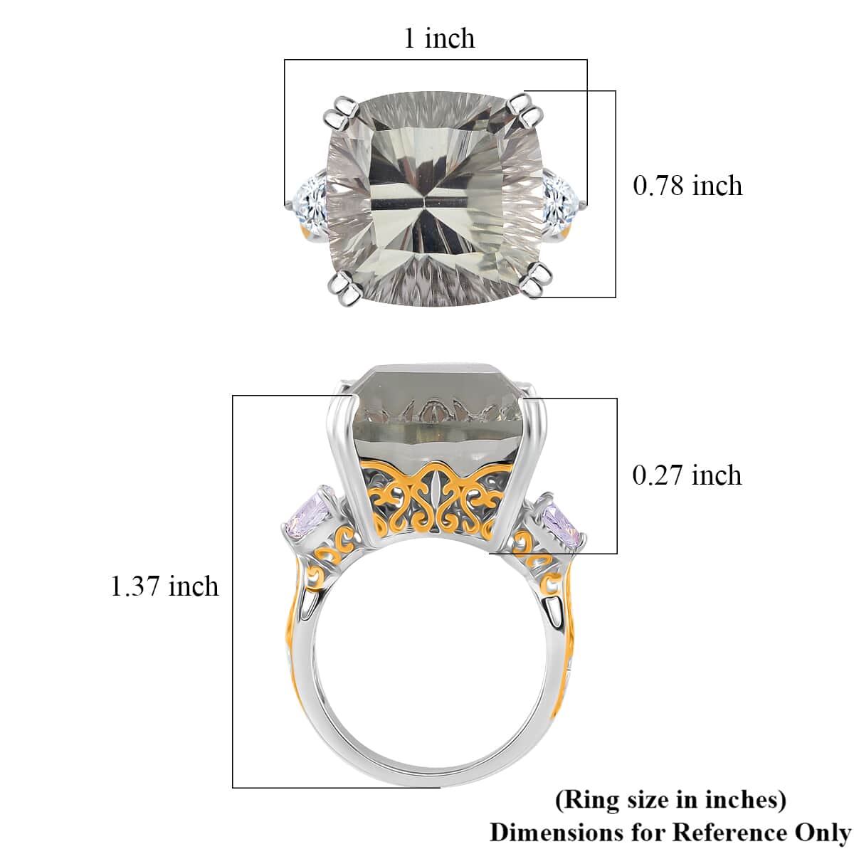 Concave Cut Montezuma Prasiolite and White Topaz 21.35 ctw Majesty Ring in Vermeil Yellow Gold and Rhodium Over Sterling Silver (Size 10.0) image number 4