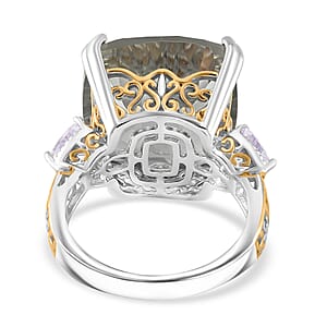Concave Cut Montezuma Prasiolite and White Topaz 21.35 ctw Majesty Ring in Vermeil Yellow Gold and Rhodium Over Sterling Silver (Size 6.0)