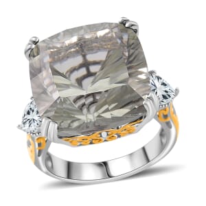 Concave Cut Montezuma Prasiolite and White Topaz 21.35 ctw Majesty Ring in Vermeil Yellow Gold and Rhodium Over Sterling Silver (Size 7.0)