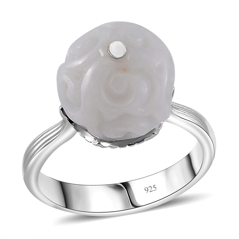 Natural Jade Carved 15.90 ctw Ring in Rhodium Over Sterling Silver (Size 8.0)