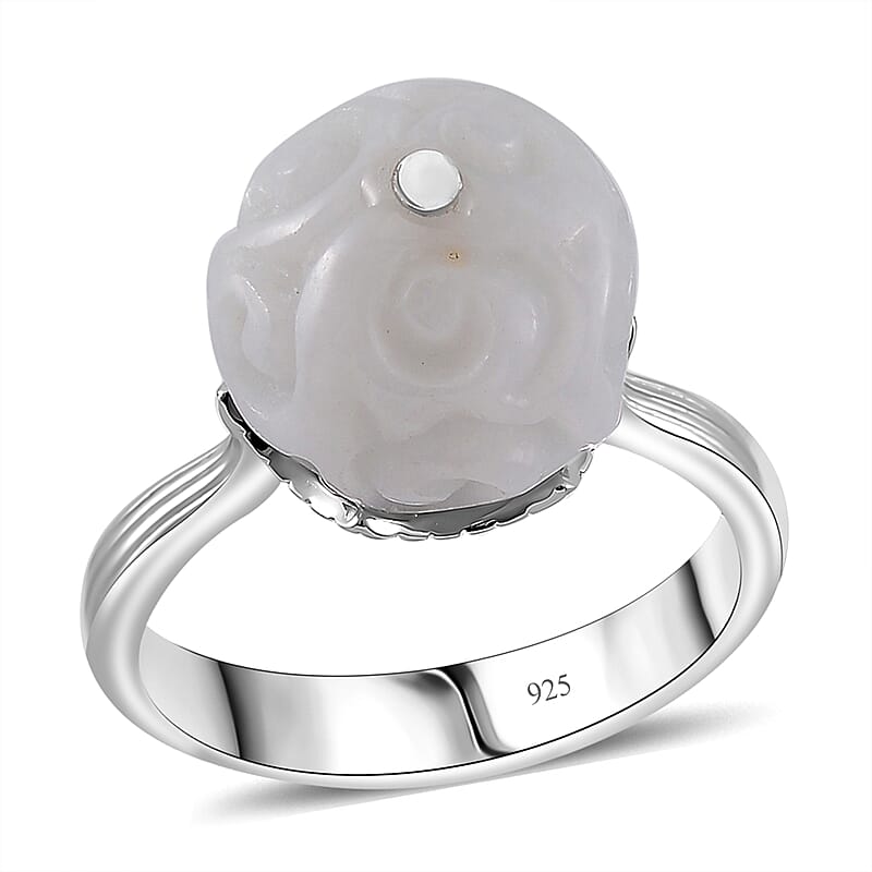 Natural Jade Carved 15.90 ctw Ring in Rhodium Over Sterling Silver (Size 8.0) 